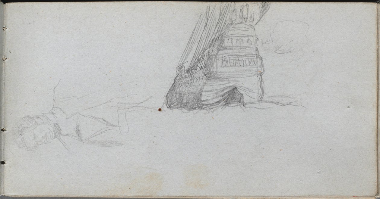 Skitsebog, side 84: Figurstudie, undersøgelse af et skib. af Jean Louis Ernest Meissonier