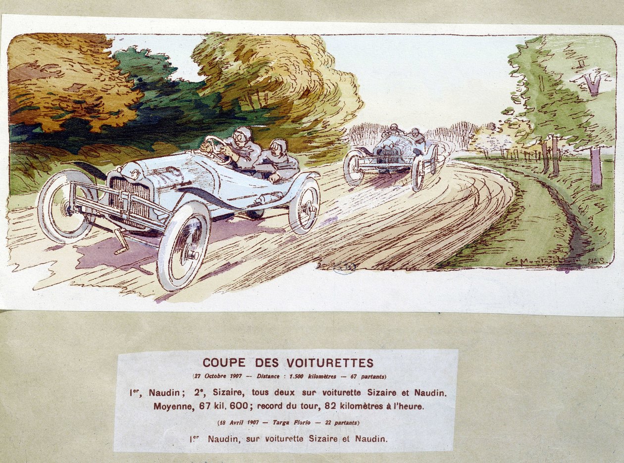 Bilvæddeløb: skære vogne i 1907 - tegning af Ernest Montaut (1878-1909). af Ernest Montaut