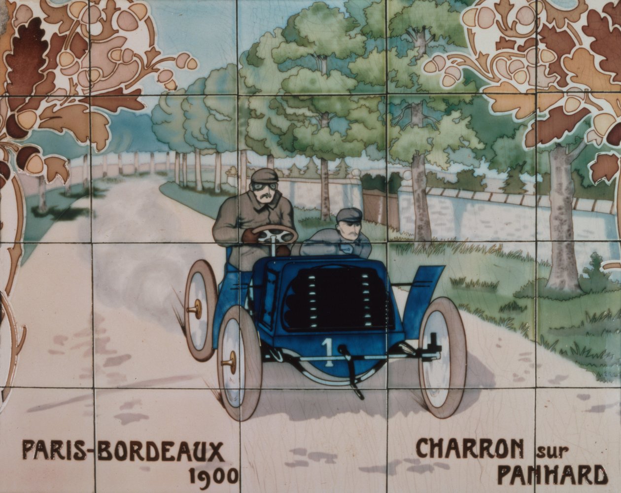 Charron kører i en Panhard-bil i løbet Paris-Bordeaux i 1900: keramiske fliser fremstillet af Gilardoni Fils et Cie i Paris, efter en tegning af Ernest Montaut (1878-1909). af Ernest Montaut