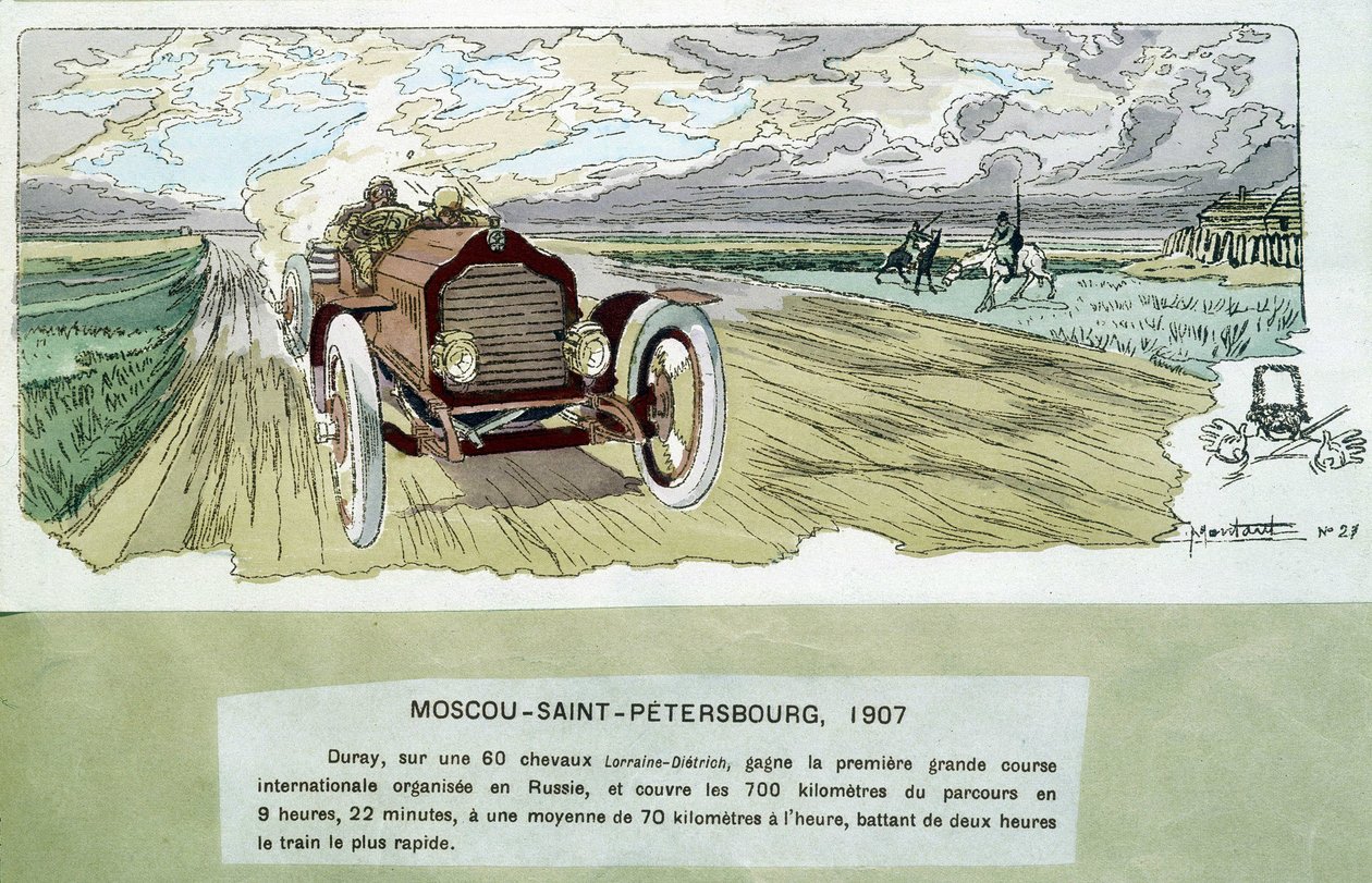 Motorløb: Moskva - Skt. Petersborg, ca. 1900 - tegning af Ernest Montaut (1878-1909). af Ernest Montaut