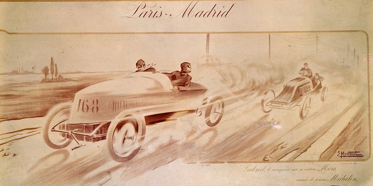 Motorløb: "Paris Madrid": Gabriel-vinder på Mors udstyret med Michelin-dæk "" Illustration 1903 af Ernest Montaut