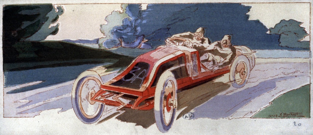 Szisz på Renault-bil, vinder af ACF Grand Prix, ca. 1910 (illustration) af Ernest Montaut