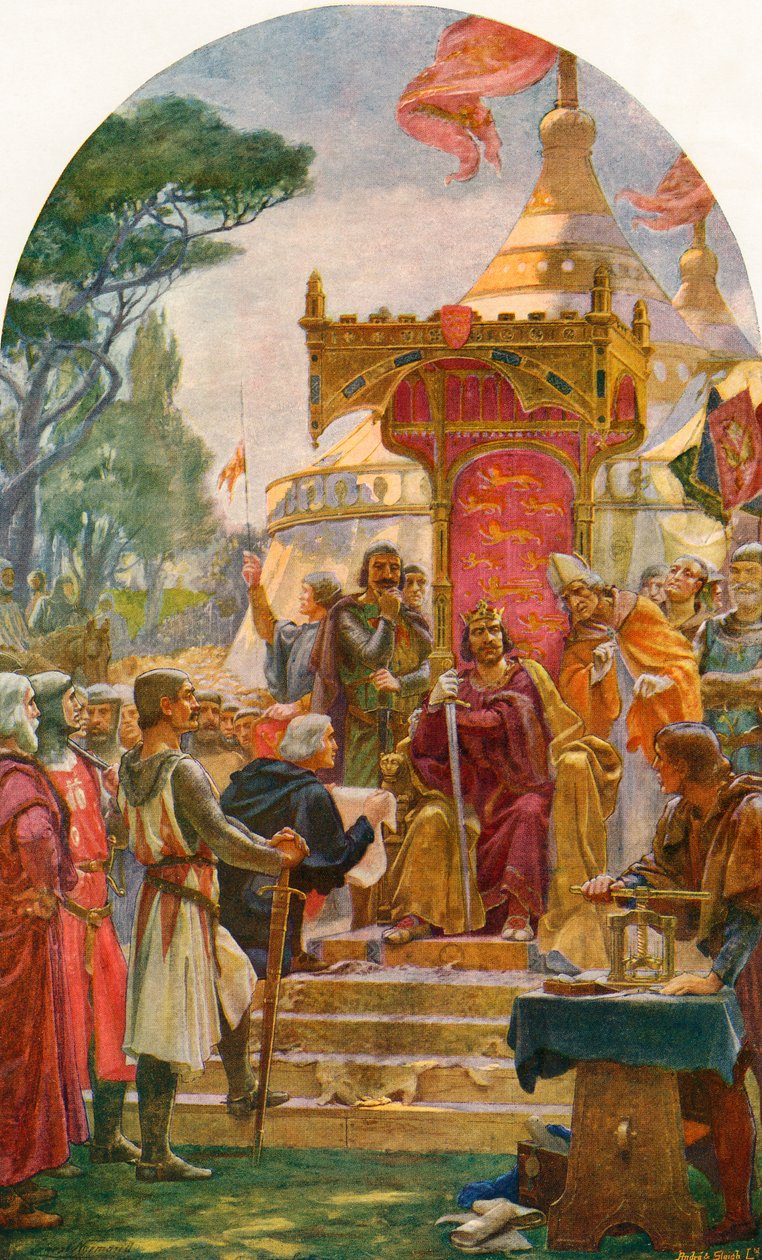 Kong John udsteder Magna Carta i Runnymede på bredden af Themsen nær Windsor, England, 15. juni 1215. Fra Cassell