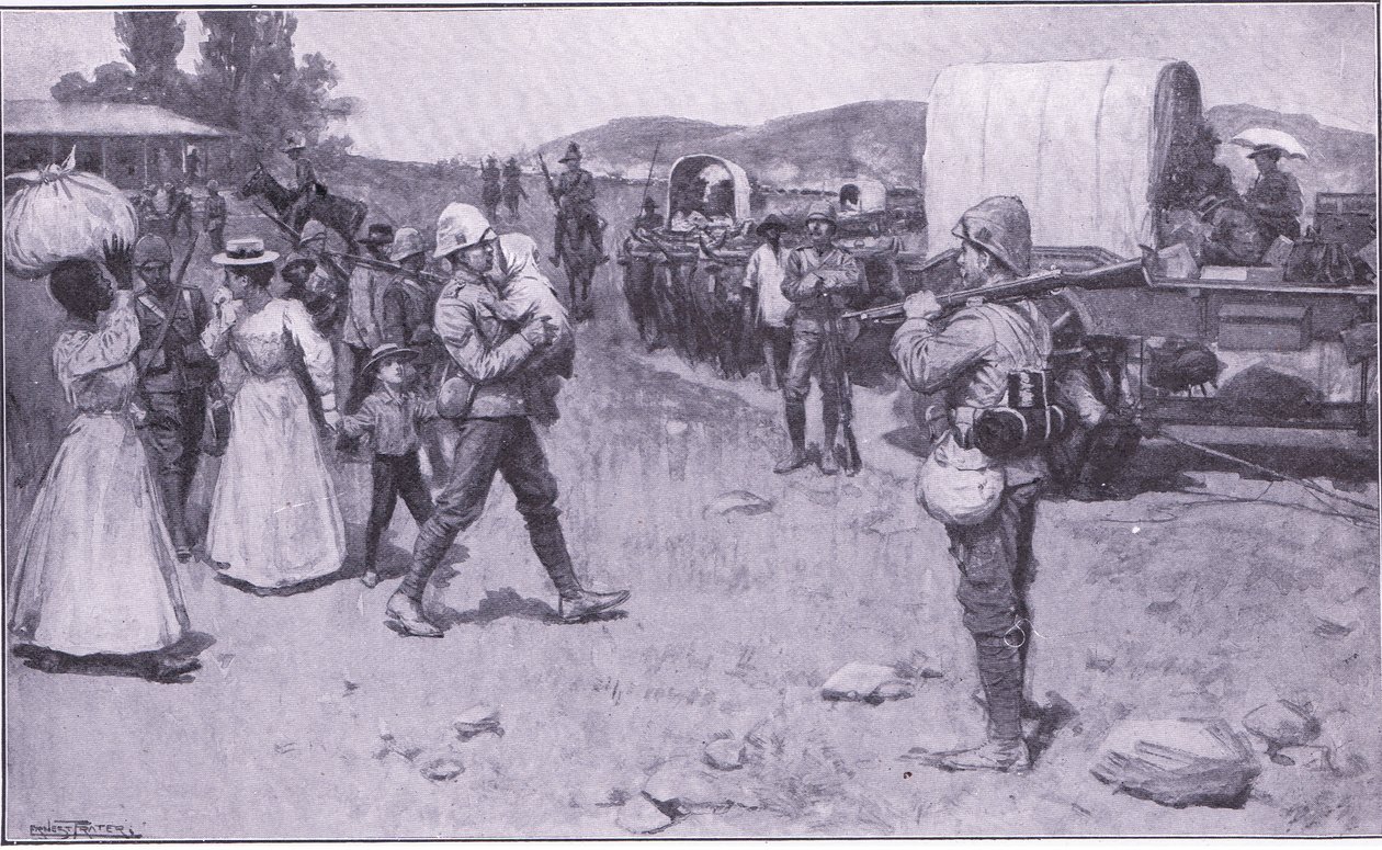 Britiske soldater hjælper boer-flygtninge, illustration fra After Pretoria: The Guerilla War, 1902 af Ernest Prater