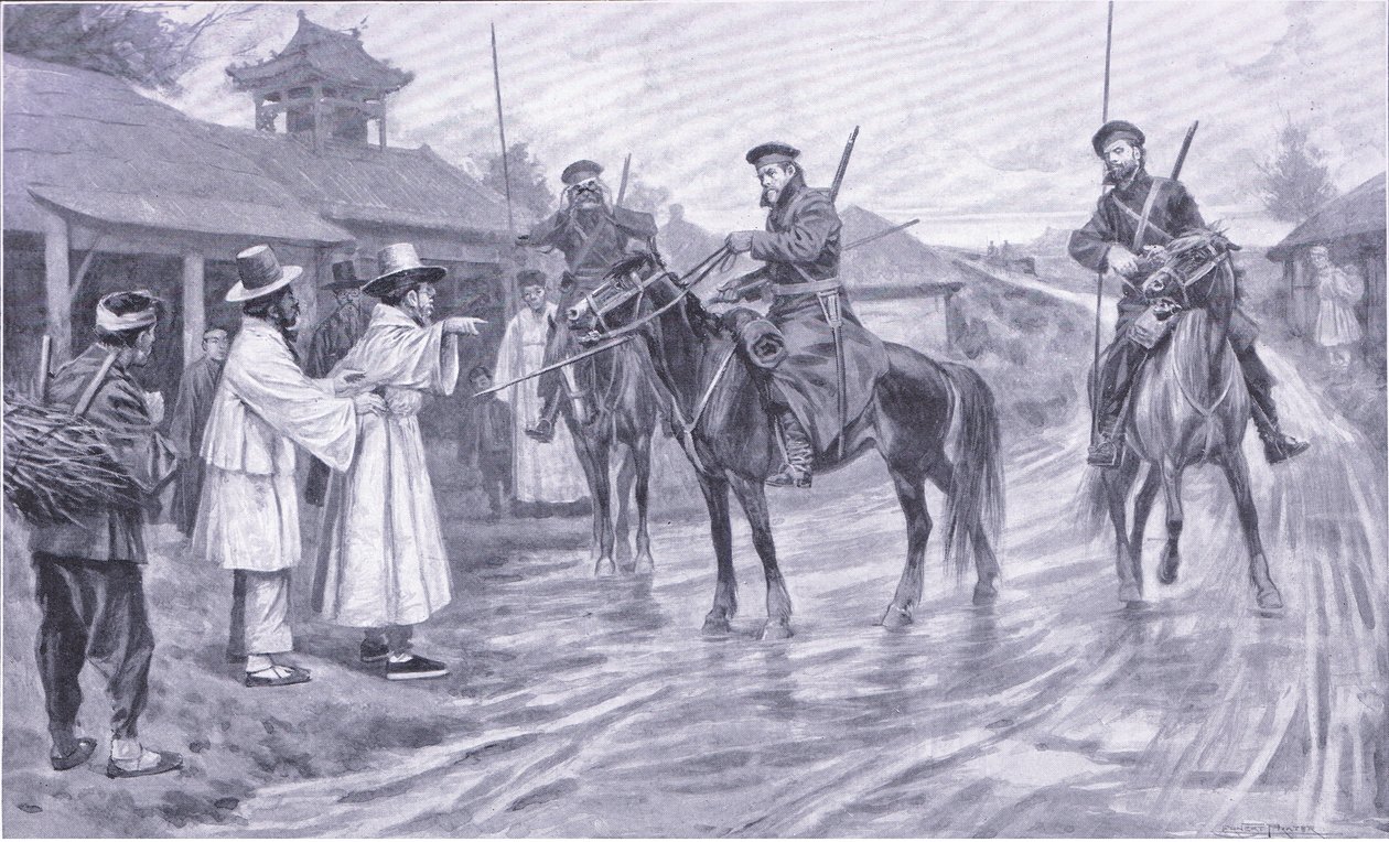 Kosakspejdere indsamler information fra en koreansk fange, illustration fra Cassells History of the Russo-Japanese War Vol 1, ca. 1900 af Ernest Prater
