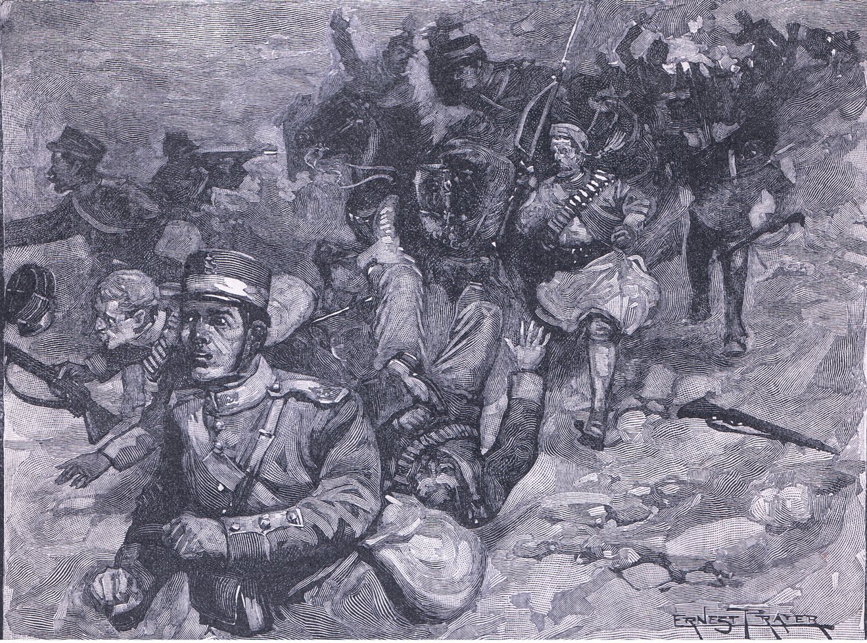 Grækernes flugt ved Larissa, illustration fra Cassells History of England, 1900-tallet af Ernest Prater