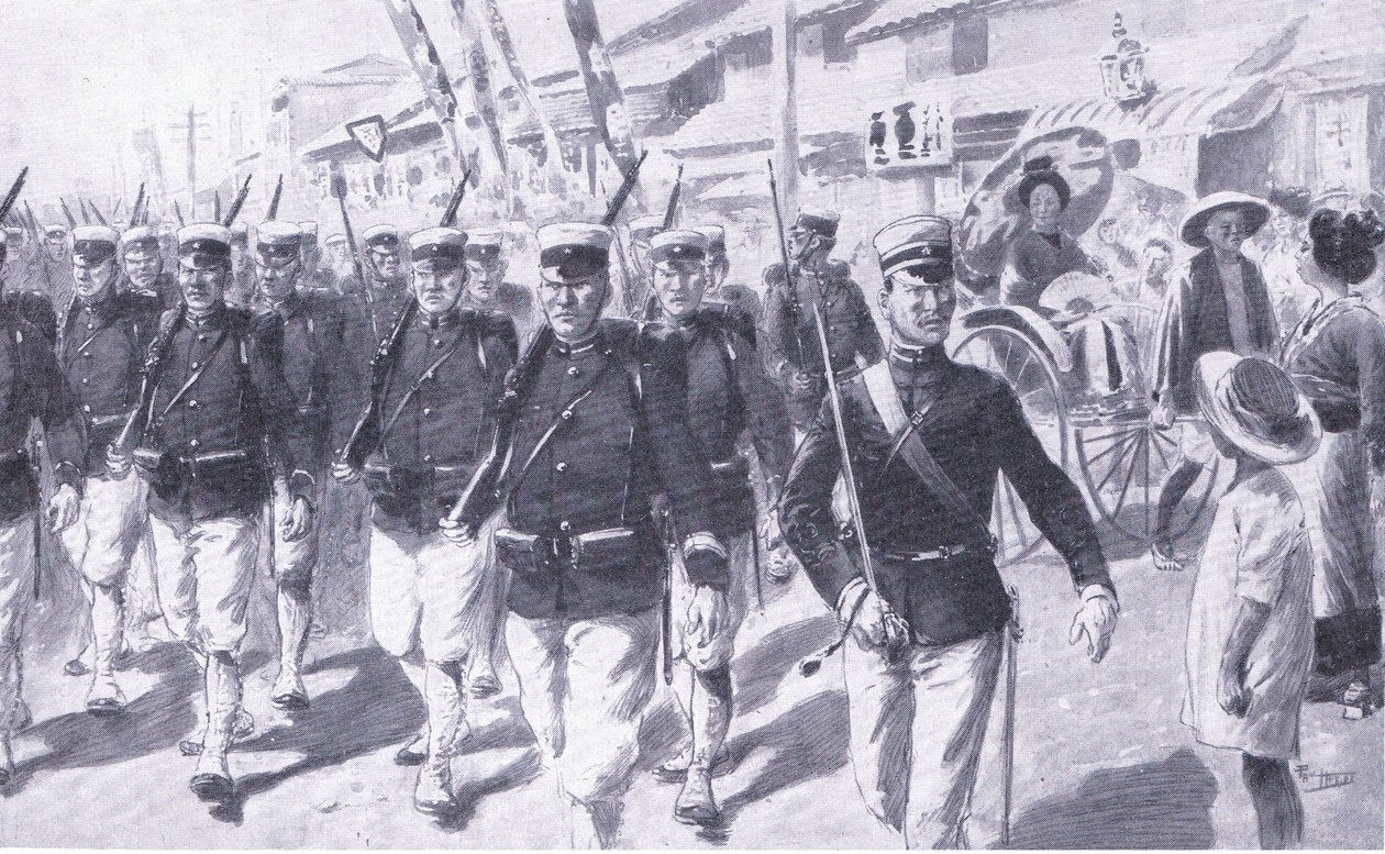 Japanere marcherer gennem Tokio, illustration fra Cassells History of the Russo-Japanese War Vol 1, ca. 1900 af Ernest Prater