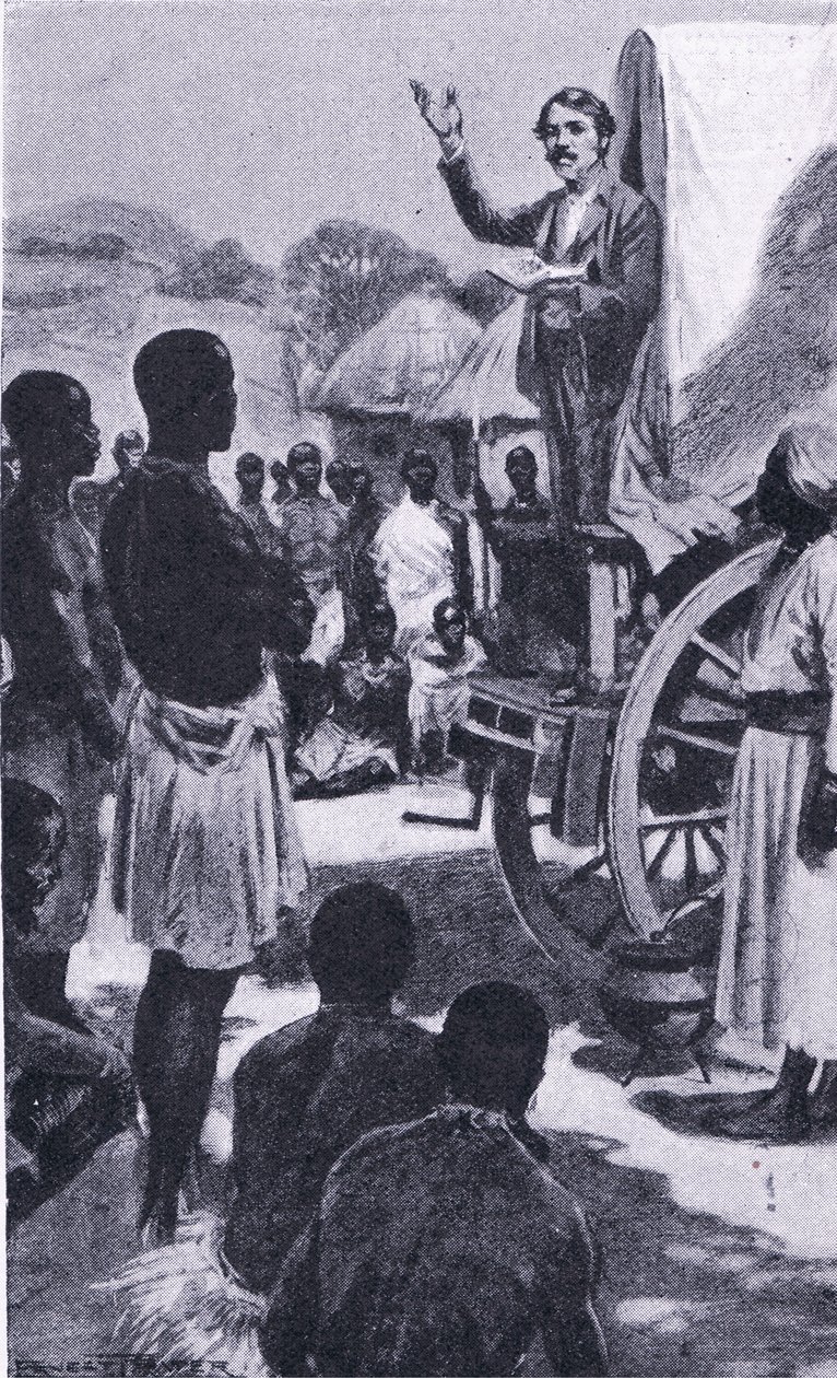 Preaching to the Makololo: Livingstone, illustration fra Cassells Romance of Famous Lives, ca. 1940 af Ernest Prater