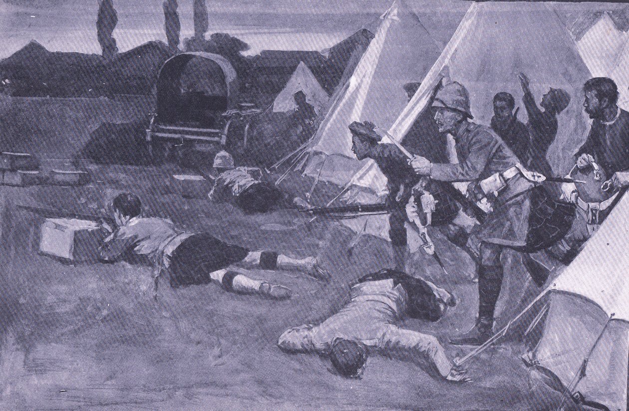 Angrebet på den britiske lejr på markedspladsen i Jacobsdal, illustration fra After Pretoria: The Guerilla War, 1902 af Ernest Prater