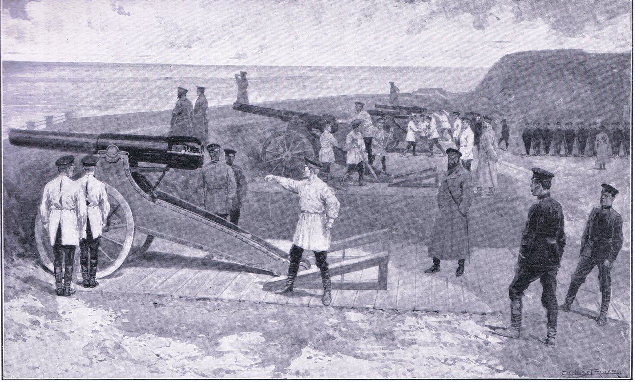Port Arthurs investering. I en af havnene, der bevogter den russiske havn, illustration fra Cassells History of the Russo-Japanese War Vol 1, ca. 1900 af Ernest Prater
