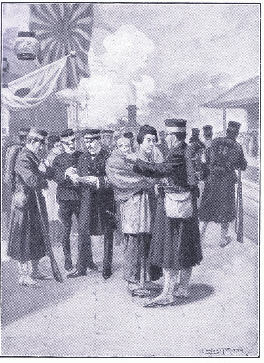 Tropper forlader Tokio, illustration fra Cassells History of the Russo-Japanese War Vol 1, ca. 1900 af Ernest Prater