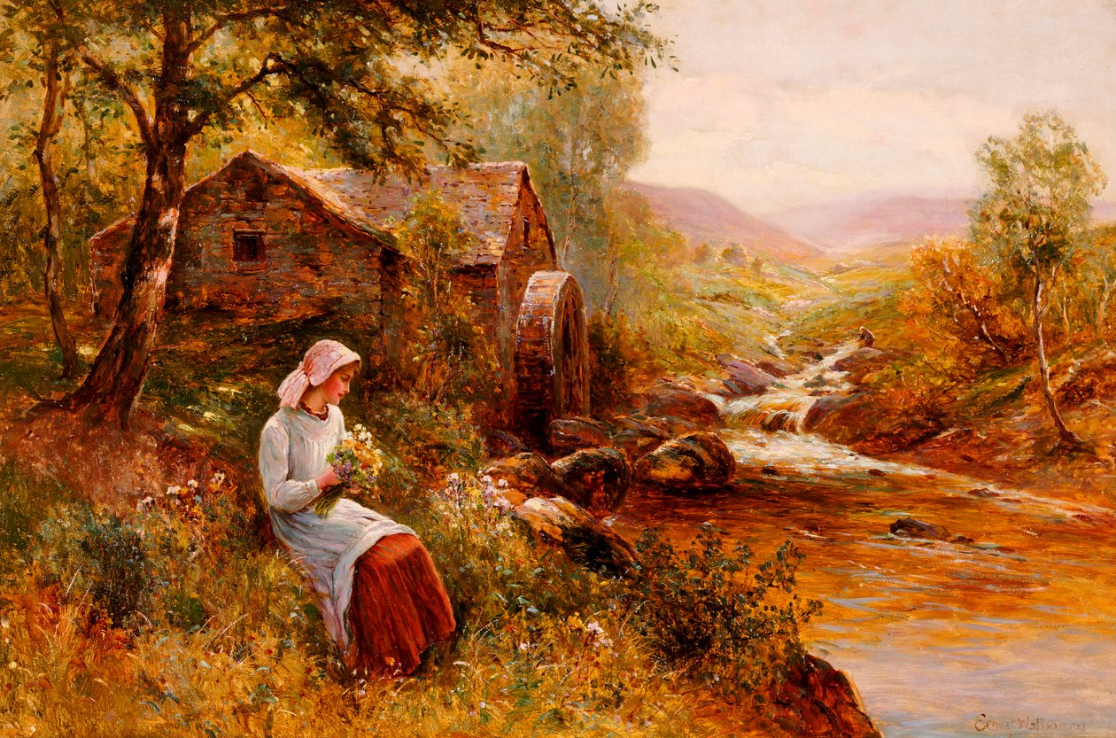 En ung pige plukker forårsblomster af Ernest Walbourn