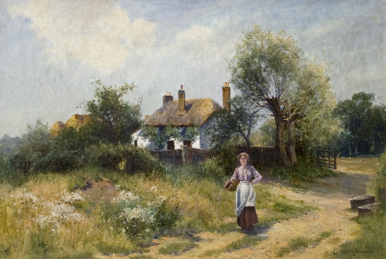 Landskab med Cottage Woman, slutningen af det 19.-20. århundrede af Ernest Walbourn