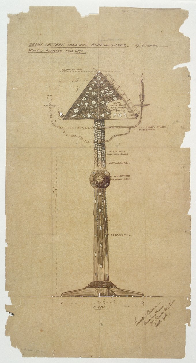 Design til Ebony Talerstol indlagt med Bone & Silver til St. Andrews Church, Roker 1906 (pen og blæk på papir) af Ernest William Gimson