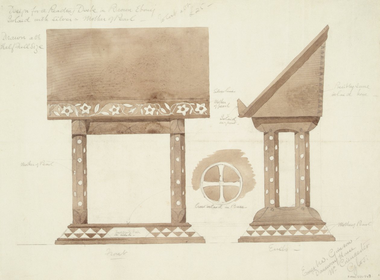 Design til læsebord i brunt ibenholt, indlagt med sølv og perlemor, ca. 1905-15 (wc med blyant på papir) af Ernest William Gimson