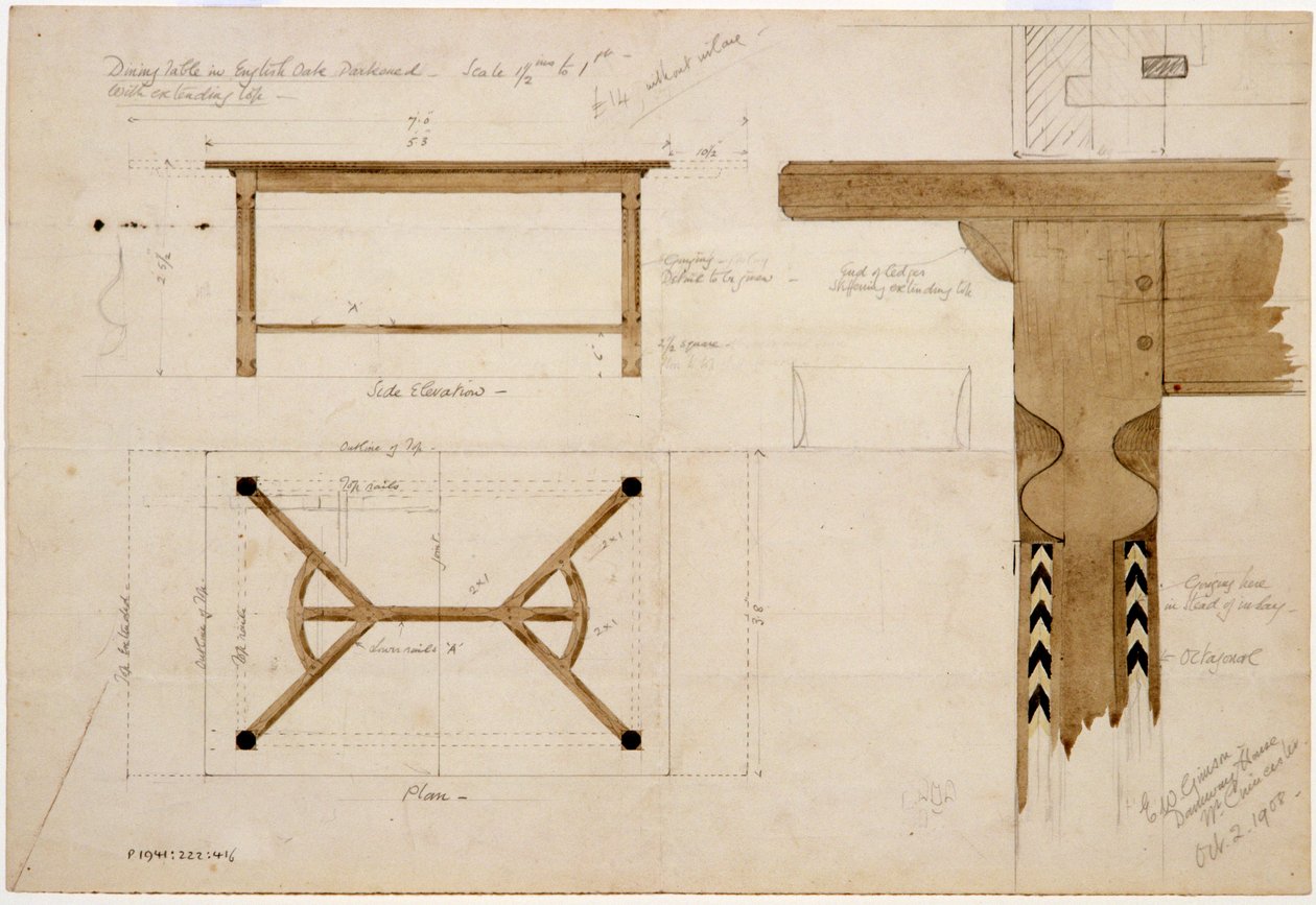 Design til spisebord i engelsk eg, mørklagt, med hørakebåre, 2. oktober 1908 (pen & blæk og wc på papir) af Ernest William Gimson