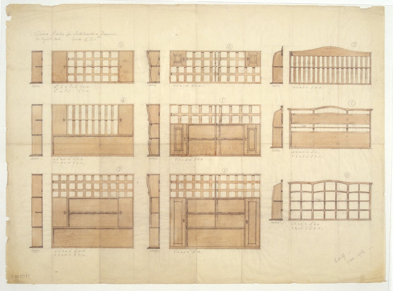 Designs til Kina stativer, skænke og kommoder i engelsk eg, 1906 (blyant og wc på papir) af Ernest William Gimson
