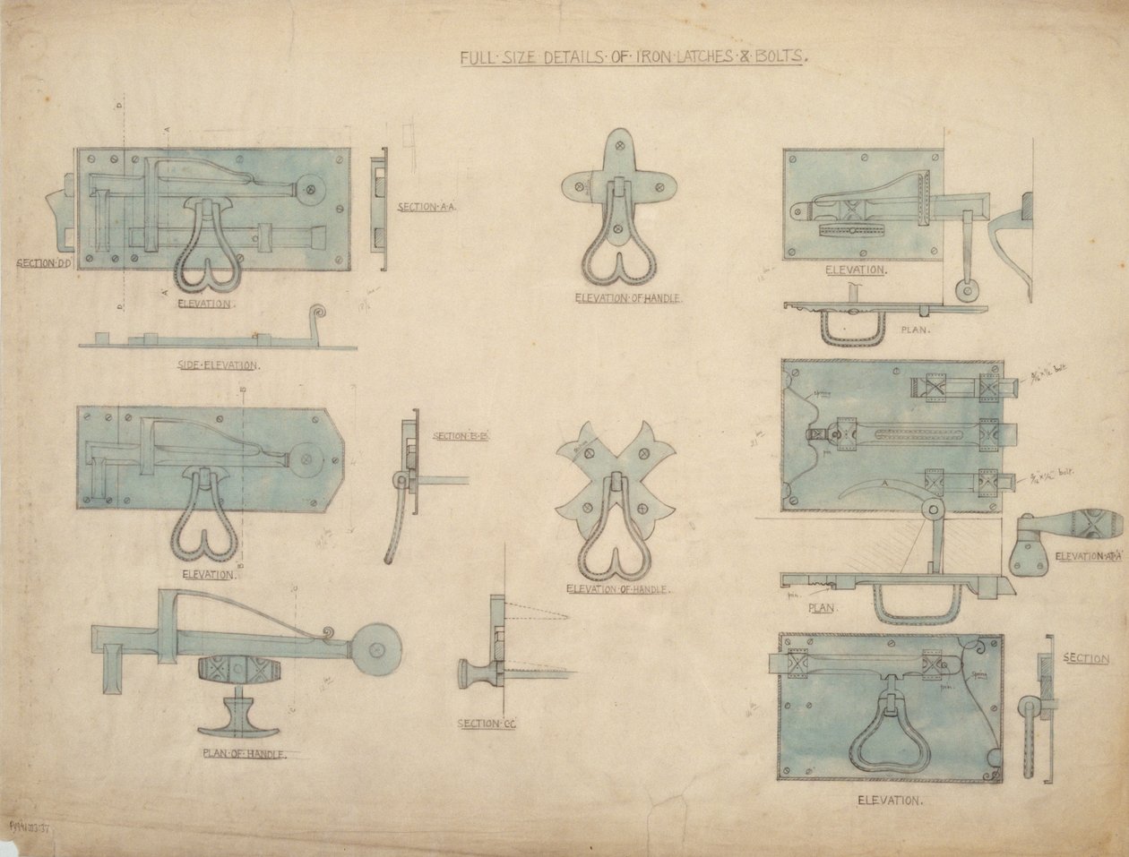 Design til jernlåse og bolte, ca. 1905-15 (blyant og wc på papir) af Ernest William Gimson