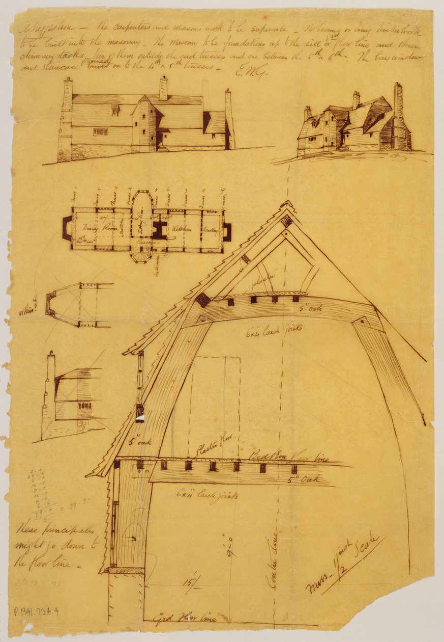 Se, planlæg og detaljer om huset (blæk og blyant på papir) af Ernest William Gimson