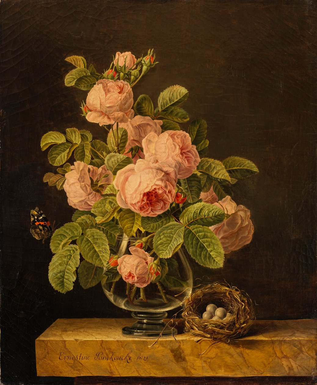 Ernestine Panckoucke - En vase med roser med en sommerfugl og en rede på en afsats af Ernestine Panckoucke