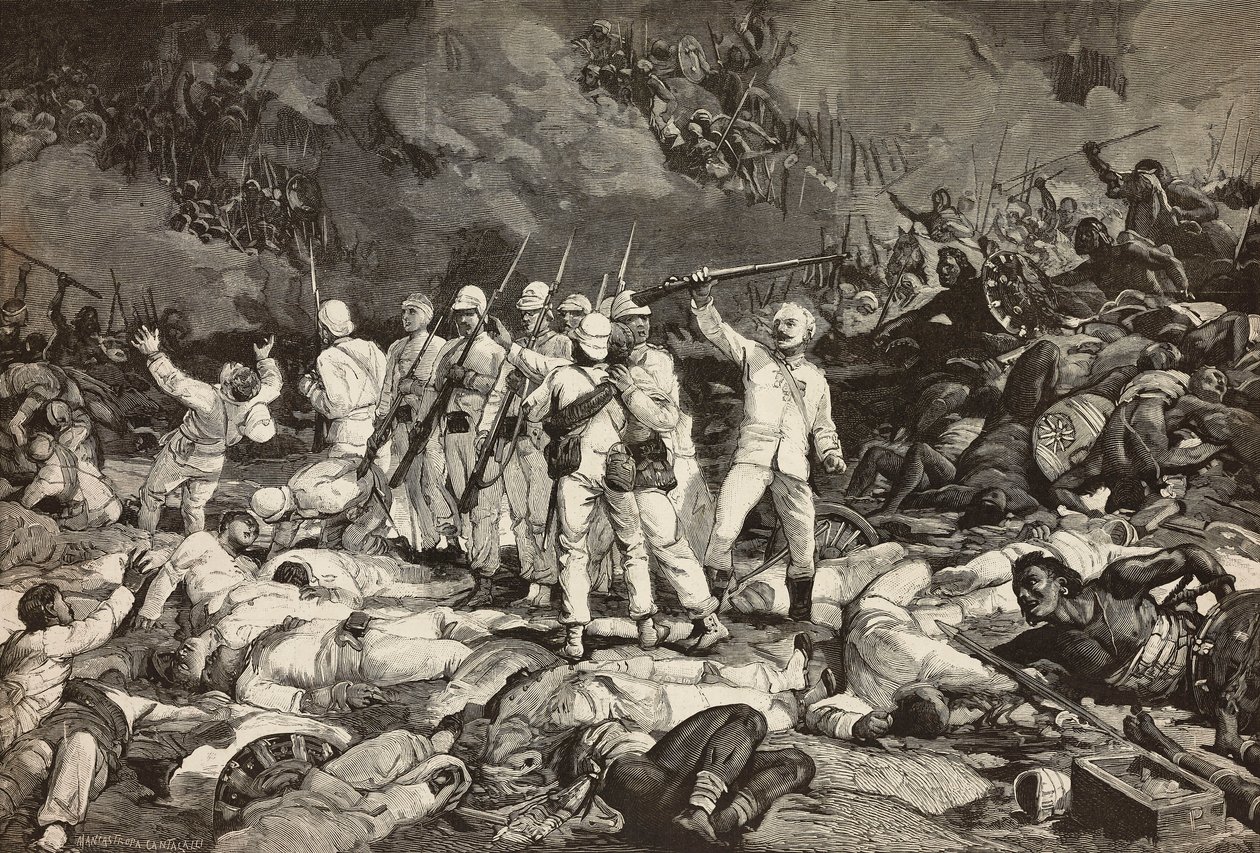 Slaget ved Dogali, sidste overlevende præsenterer våben, hilser faldne, Eritreansk krig, gravering af Ernesto Mancastroppa og Cantagalli fra tegning og komposition af Ludovico Pogliaghi, fra L