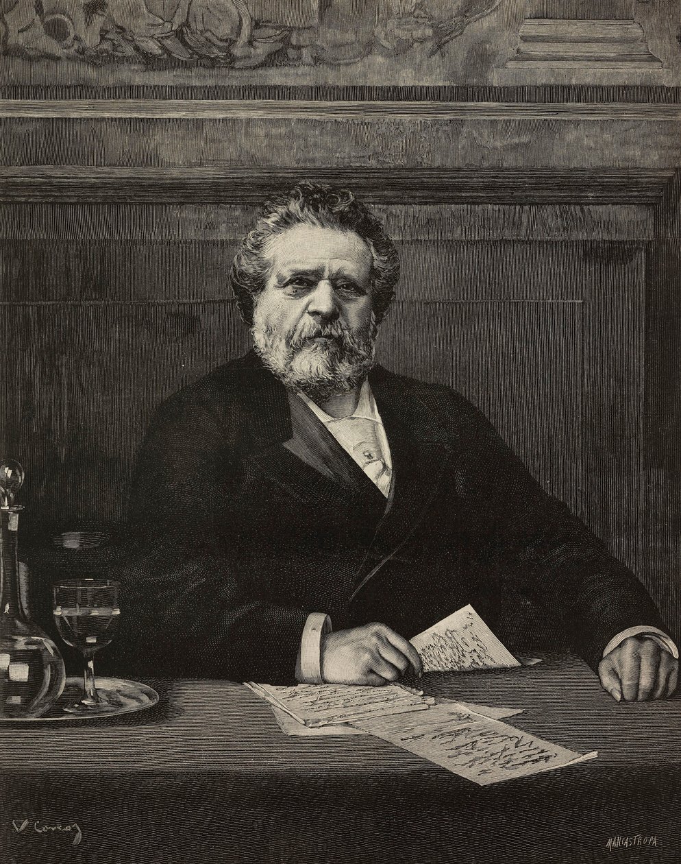 Giosue Carducci (1835-1907), italiensk digter og forfatter, nobelpristager i 1906, gravering af Ernesto Mancastroppa fra maleri af Vittorio Corcos, fra L