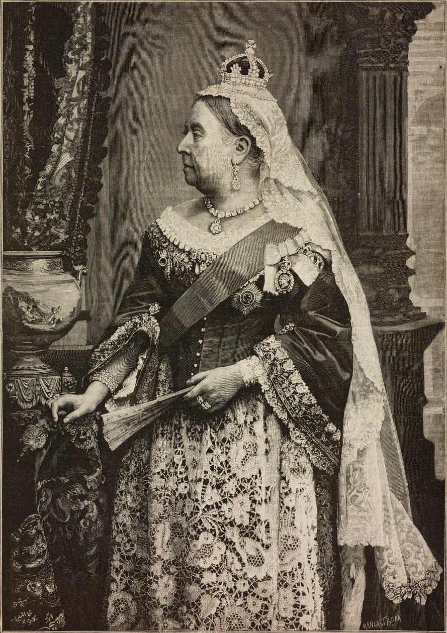 Hendes Majestæt Dronning Victoria ved fejringen af 50-året for hendes kroning, gravering af Ernesto Mancastroppa fra foto af Walery, fra L