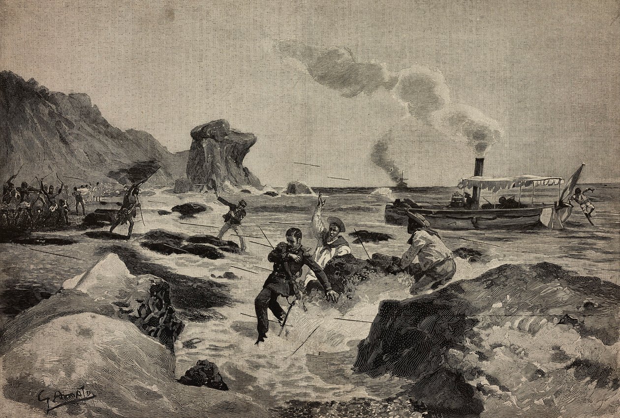 Drabet på løjtnant Carlo Zavagli (1867-1890) i Warsheikh, i Somalia, 24. april, kobberstik af Ernesto Mancastropa efter tegning af Gennaro Amato, fra L