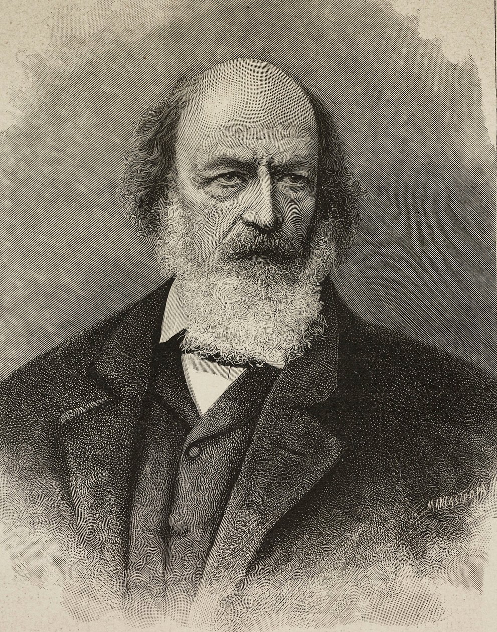 Portræt af Alfred Tennyson (1809-1892), britisk digter, gravering af Ernesto Mancastroppa fra fotografi af Barraud, fra L