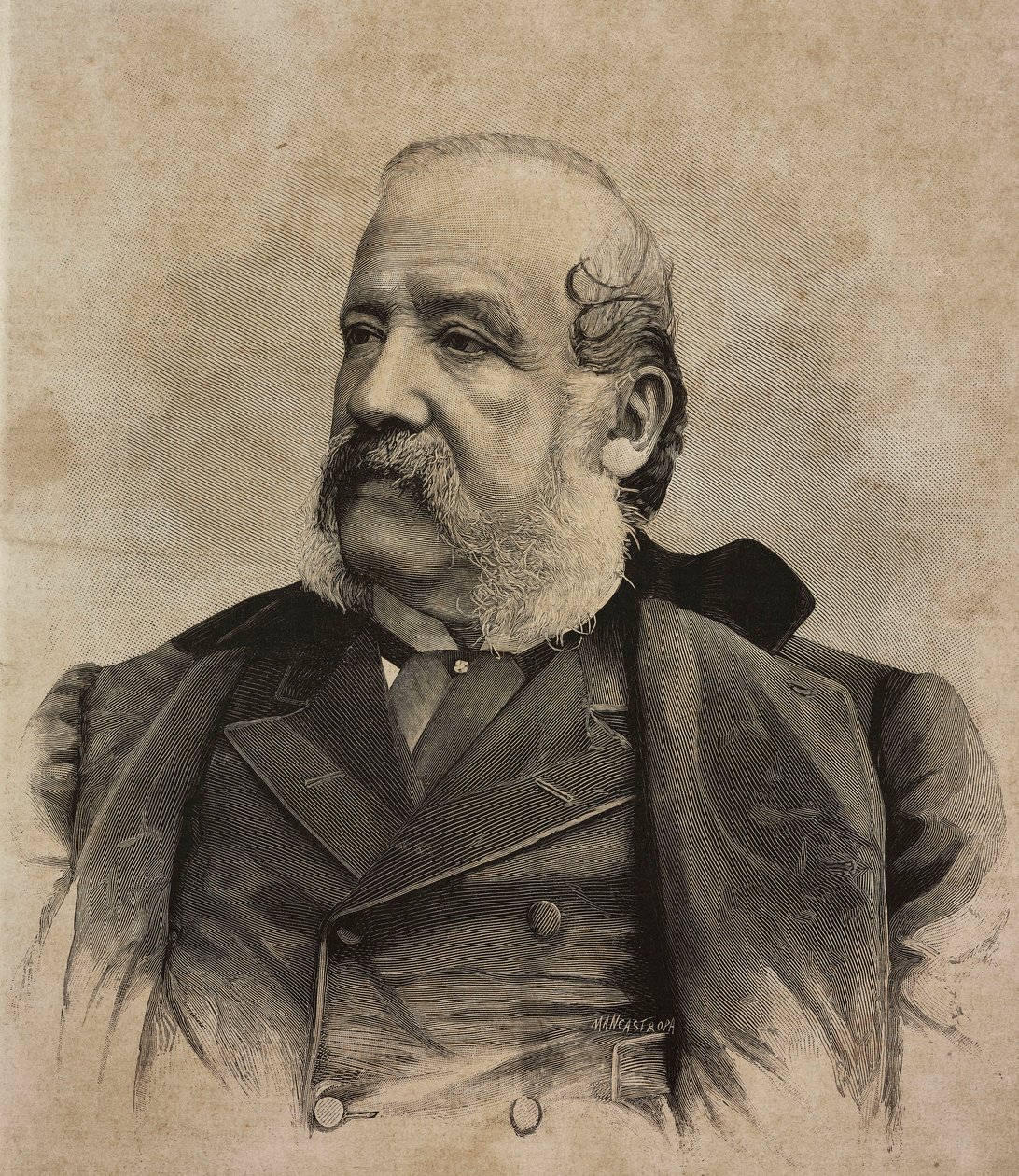 Portræt af Gerolamo Induno (1825-1890), italiensk maler, gravering af Ernesto Mancastropa fra fotografi af Guigoni og Bossi, fra L