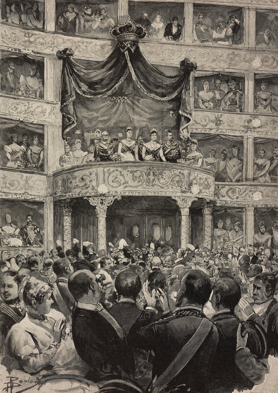 Umberto I og Margherita af Savoyen, ledsaget af Tysklands suveræner, i Teatro Argentina i anledning af sølvbryllupsfester, 21. april af Ernesto Mancastroppa