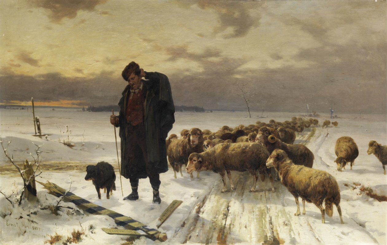 Hyrde med flok i vinterlandskab af Adolf Ernst Meissner
