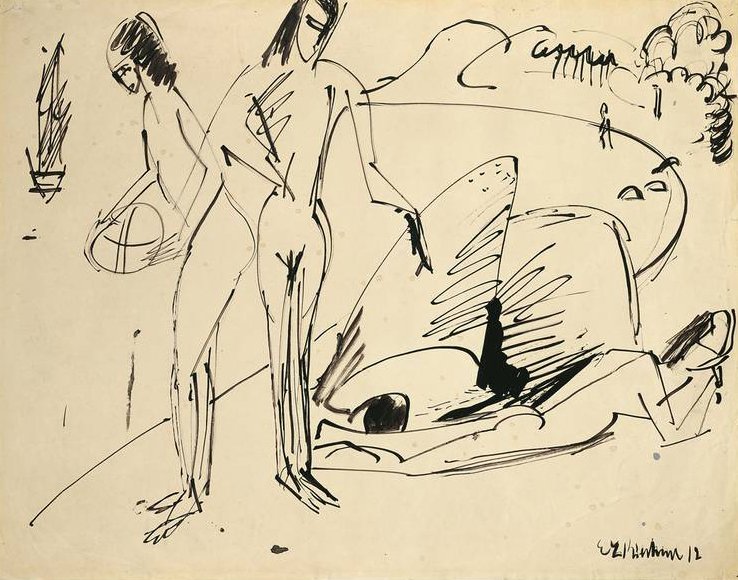 Badende på stranden i Femern af Ernst Ludwig Kirchner