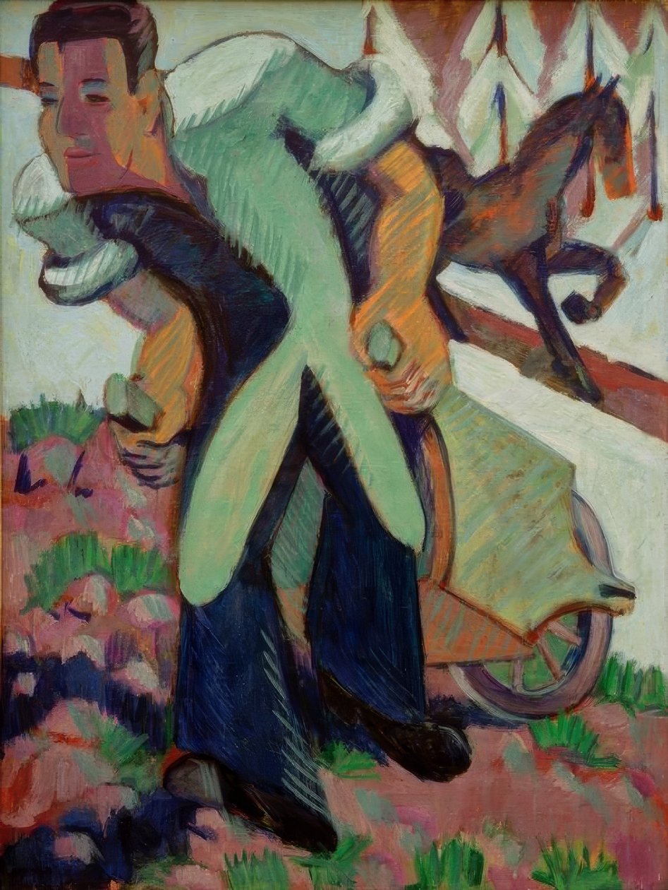 Landmand trækker en trillebør af Ernst Ludwig Kirchner