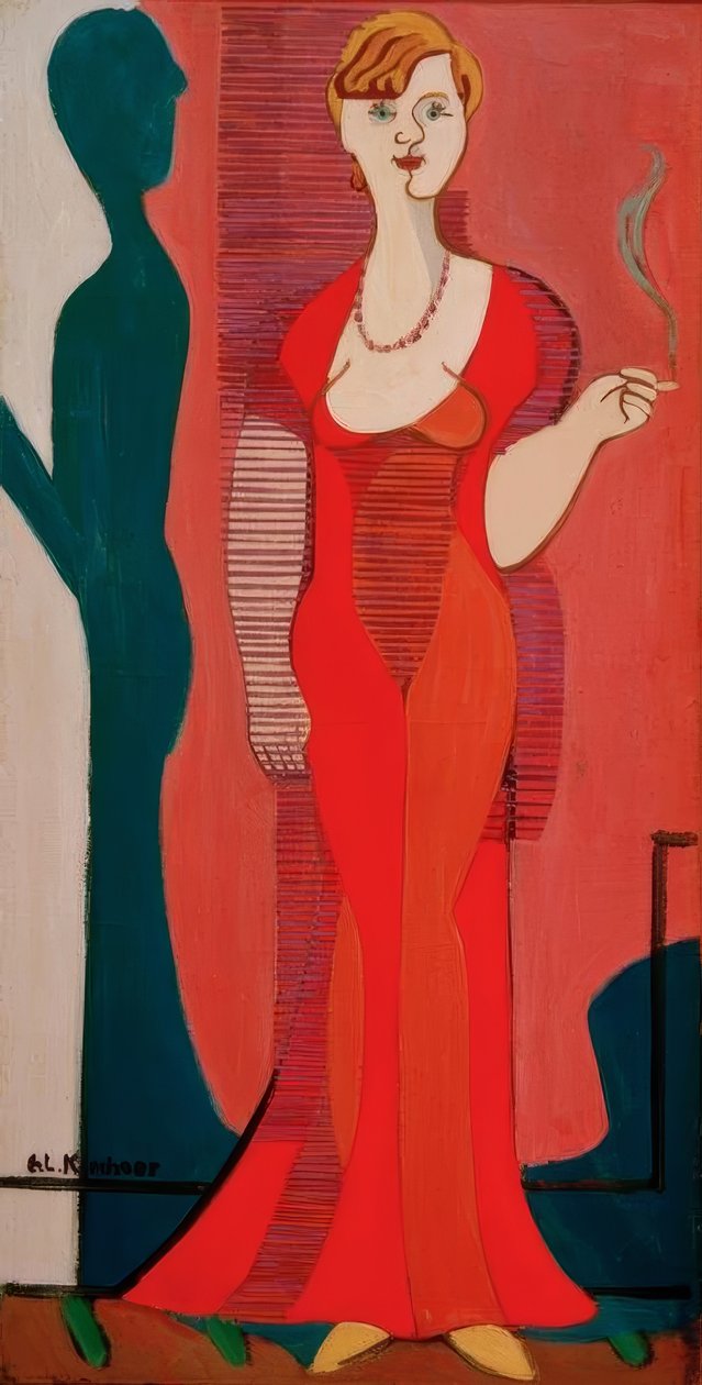 Blond kvinde i rød kjole. Portræt Elisabeth Hembus af Ernst Ludwig Kirchner