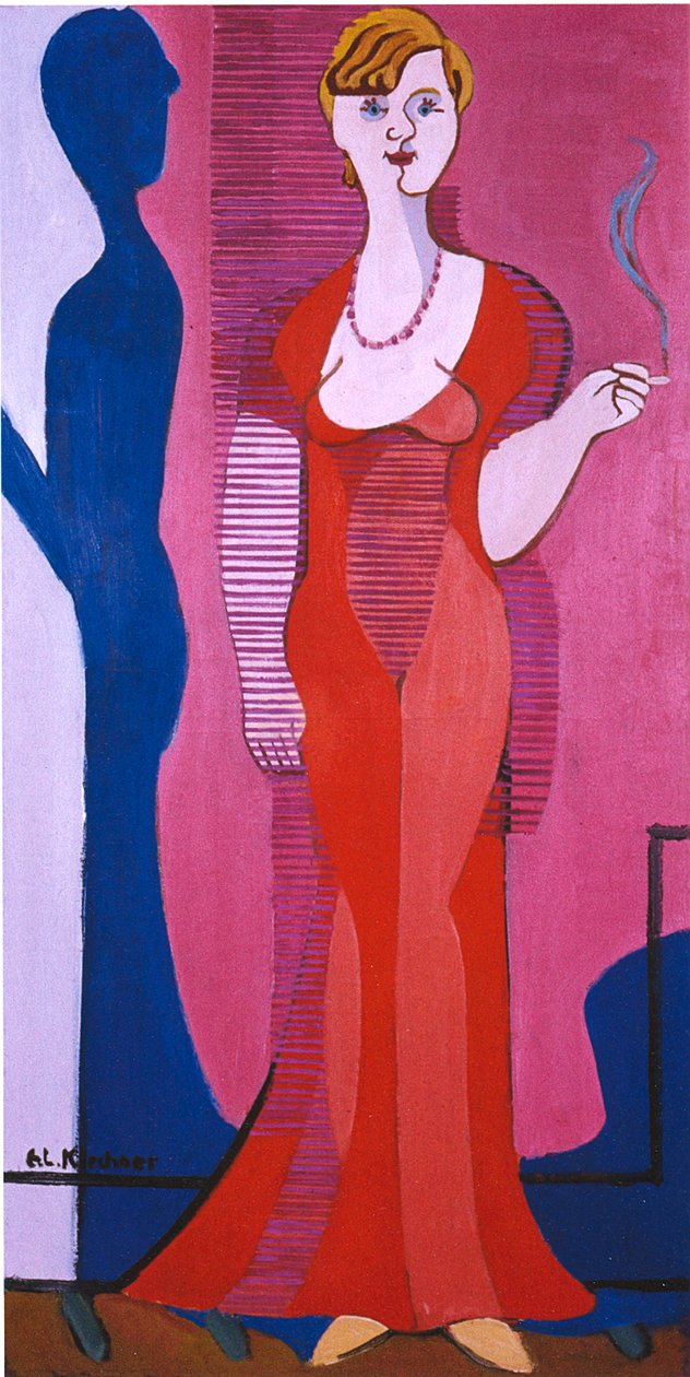 Blond kvinde i en rød kjole, portræt Elisabeth Hembus af Ernst Ludwig Kirchner