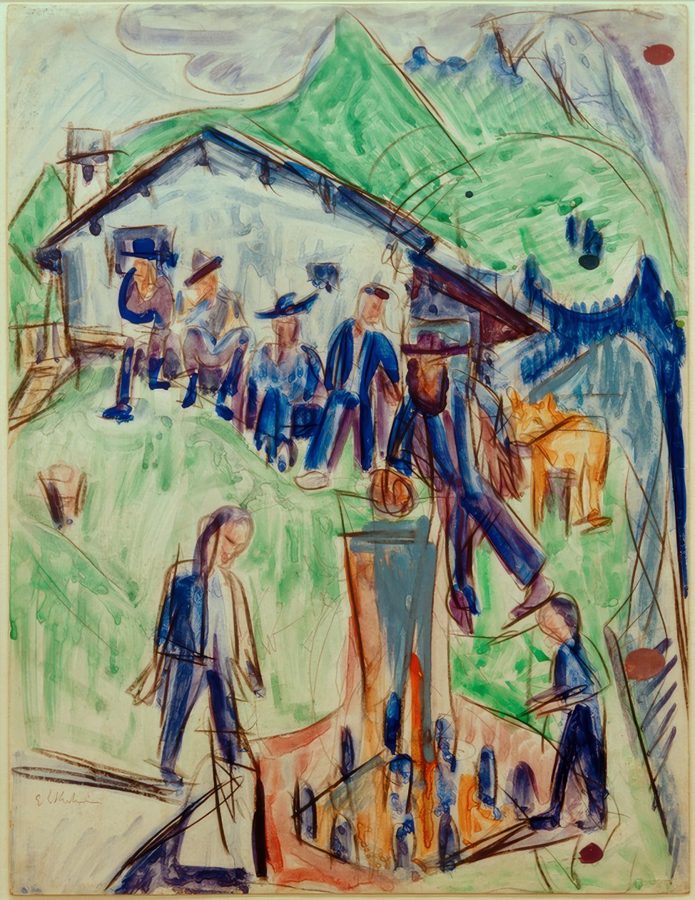 E.L. Kirchner, bønder ved springvandet foran Stafelalp-hytten af Ernst Ludwig Kirchner