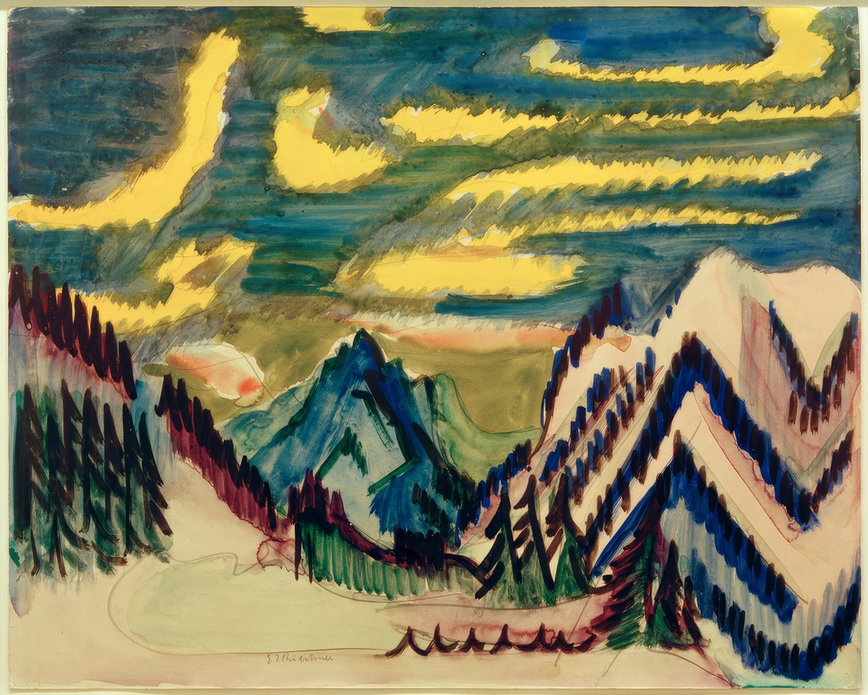 E.L. Kirchner, Davos bjerglandskab med gule skyer af Ernst Ludwig Kirchner