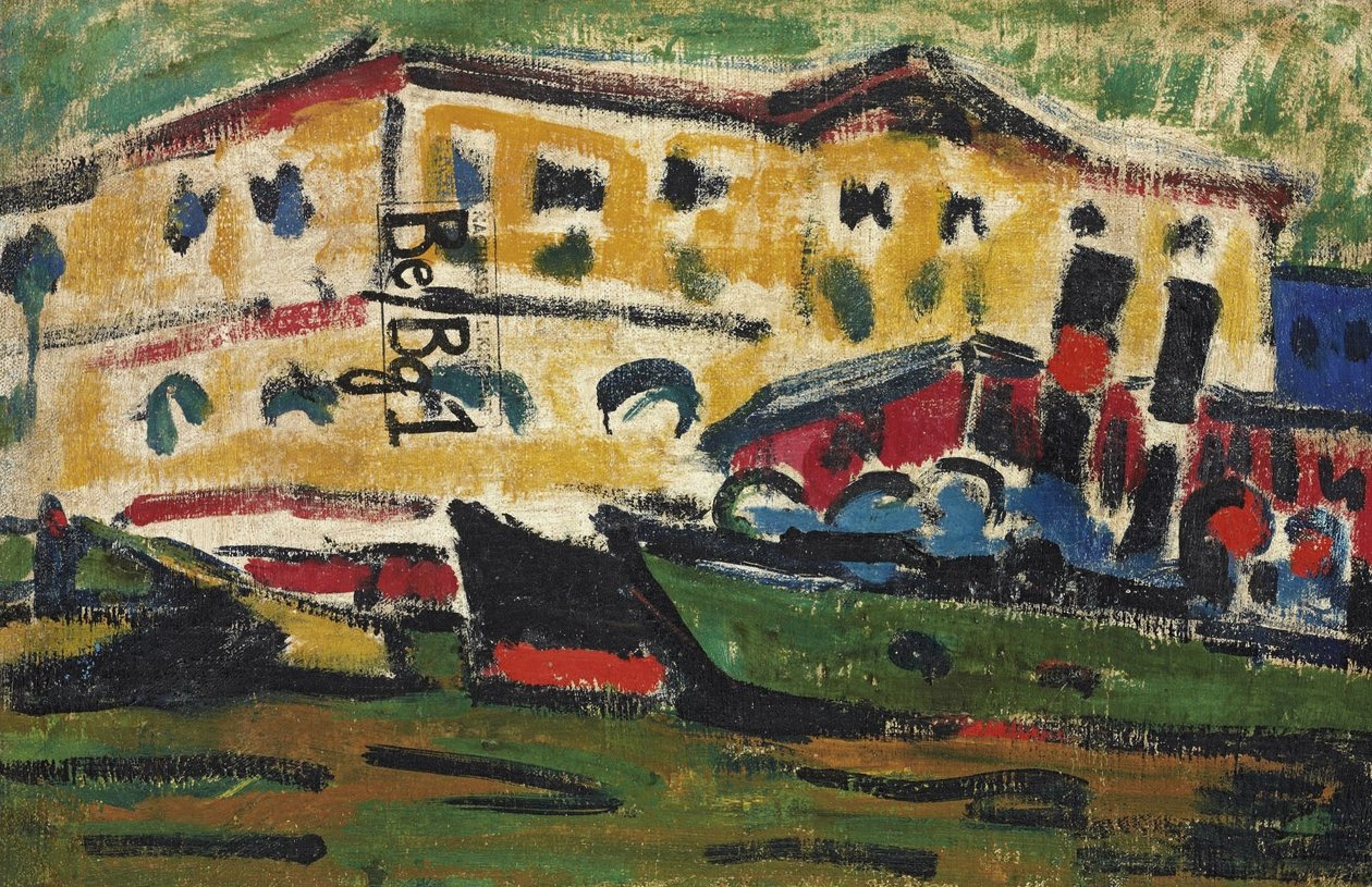 Elbe-pramme foran gule huse af Ernst Ludwig Kirchner