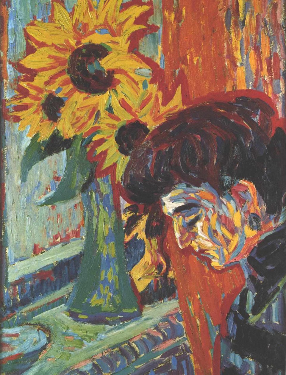 Kvindehoved foran solsikker af Ernst Ludwig Kirchner