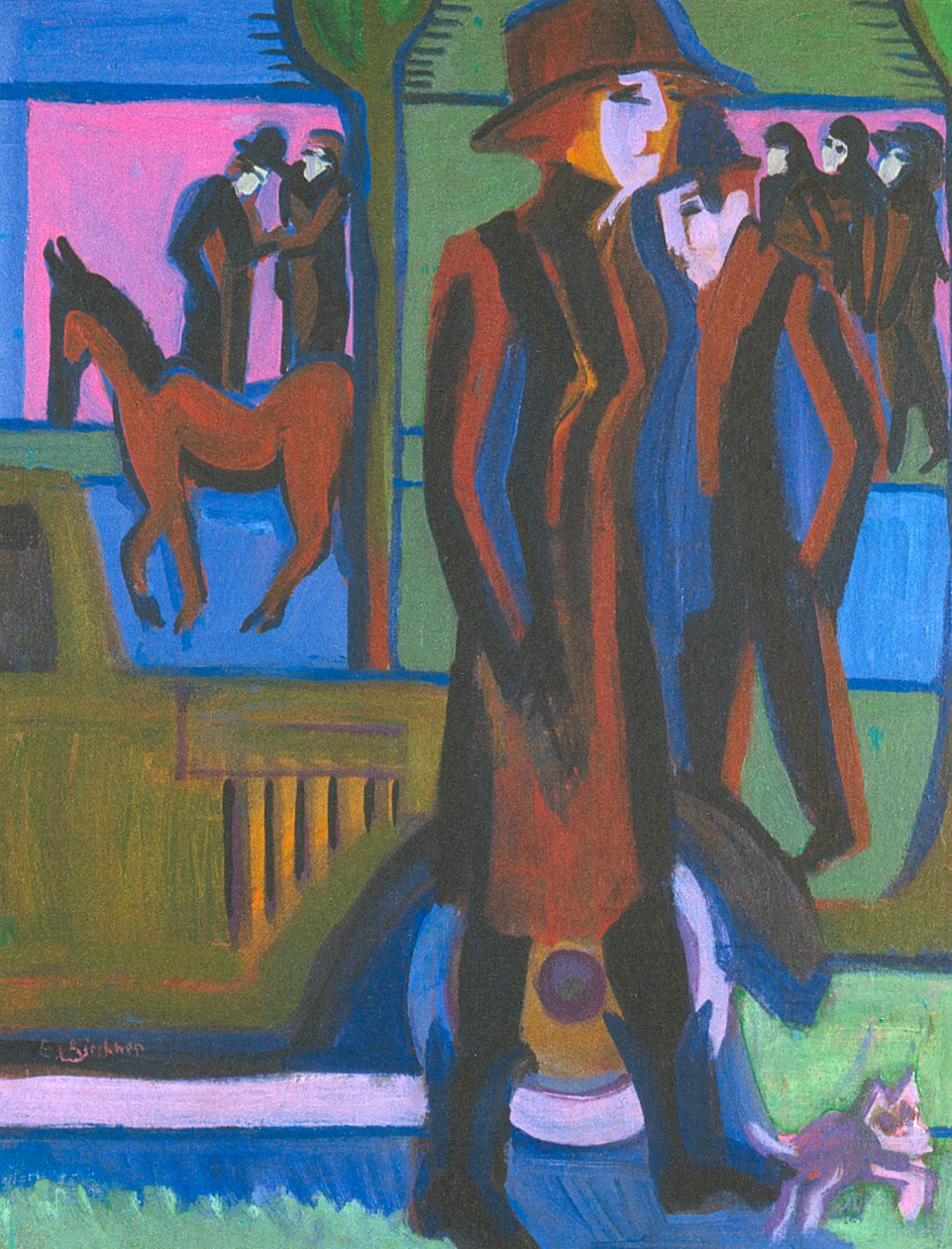 Gående dame med hund af Ernst Ludwig Kirchner