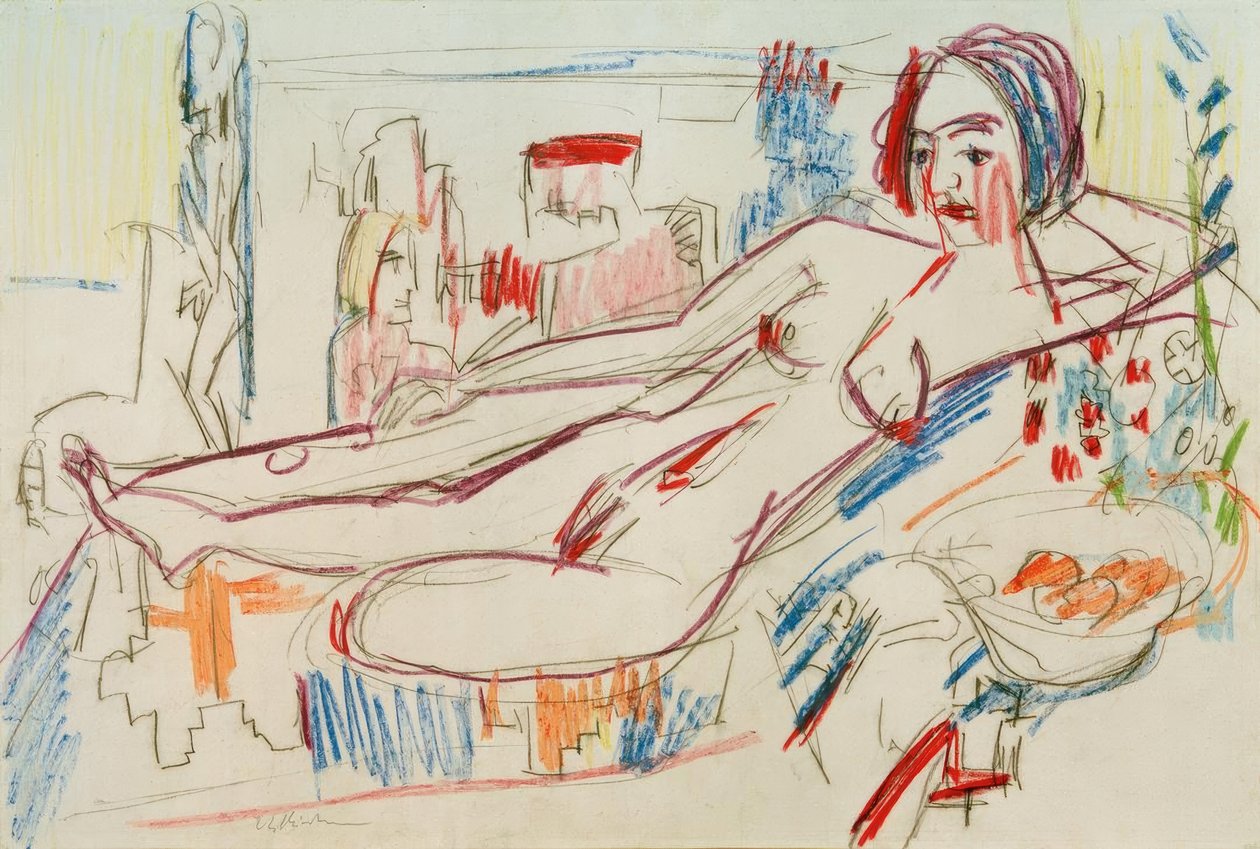 Tillænet kvindelig nøgen på en skammel af Ernst Ludwig Kirchner