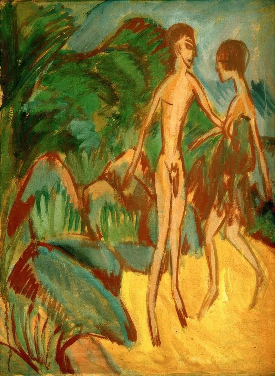 Ung nøgen mand og pige på stranden af Ernst Ludwig Kirchner