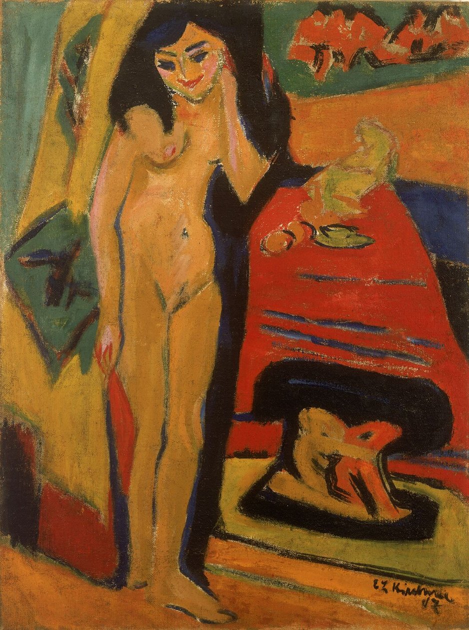 Nøgen pige bag gardin af Ernst Ludwig Kirchner
