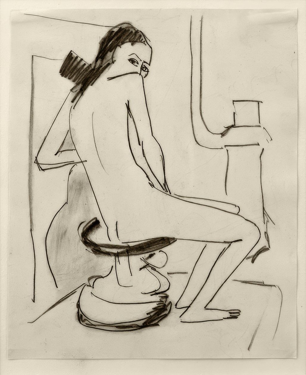 Uden titel (Marcella på en udskåret afrikansk skammel med komfur ... af Ernst Ludwig Kirchner