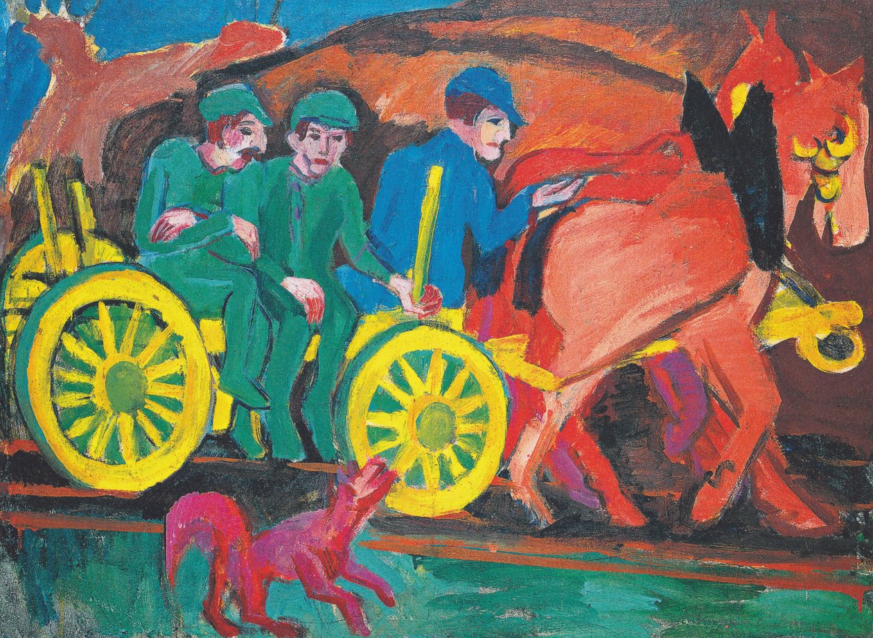 Hest og vogn med tre landmænd af Ernst Ludwig Kirchner