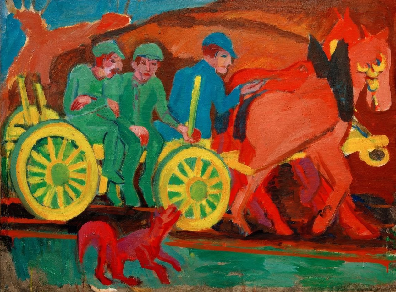 Hold af heste med tre landmænd af Ernst Ludwig Kirchner