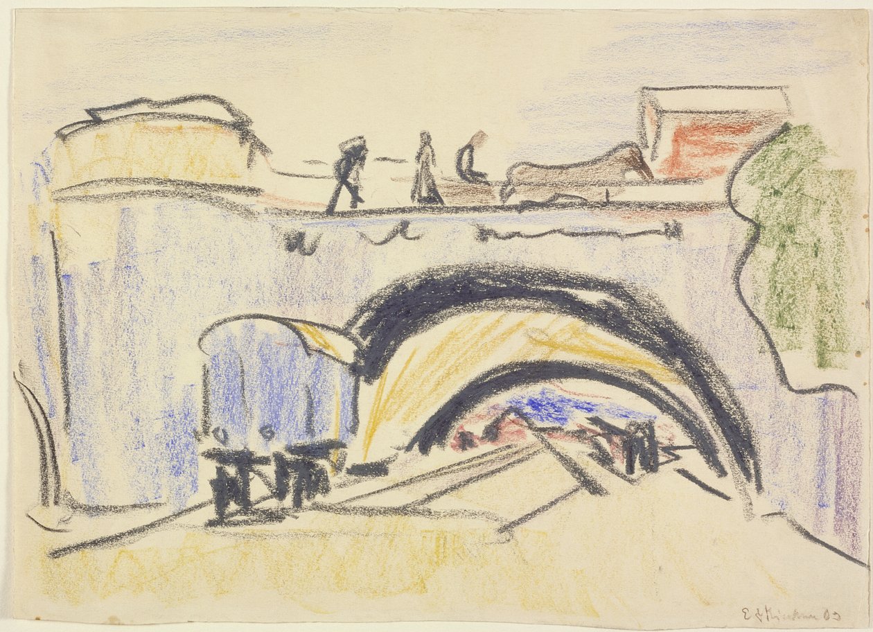Jernbane og bro, 1903 (farveblyant og trækul på kraftigt vævet papir) af Ernst Ludwig Kirchner