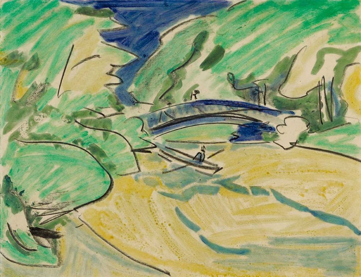 Rokbåd under broen af Ernst Ludwig Kirchner