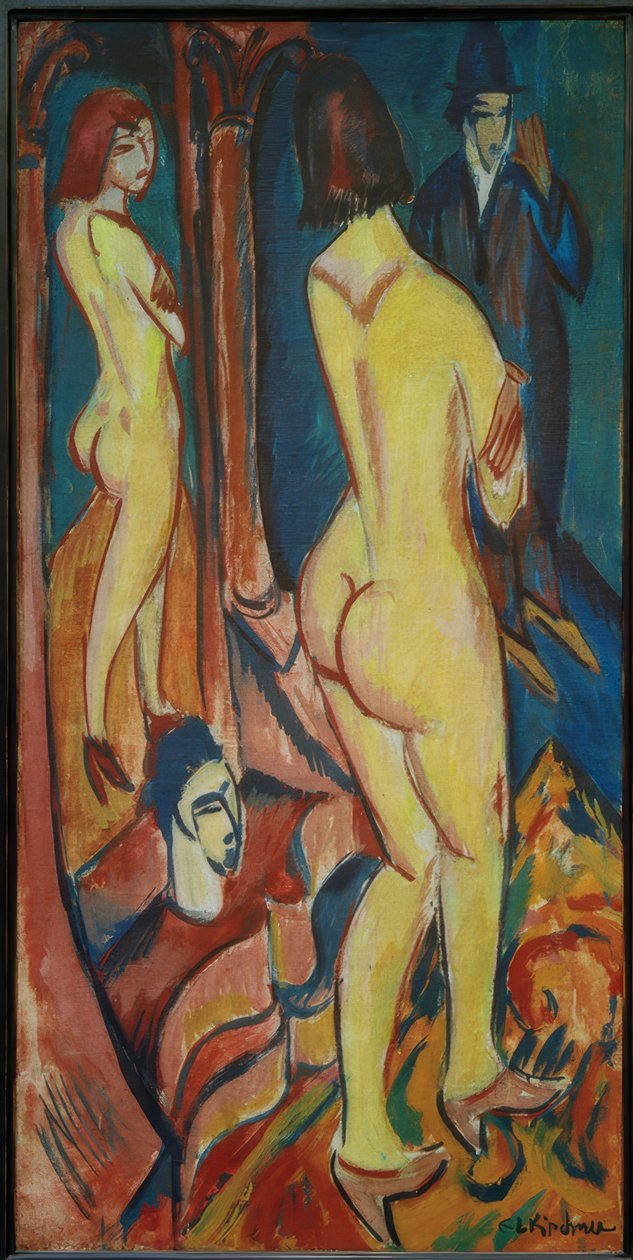 Nøgen bagfra med et spejl og en mand af Ernst Ludwig Kirchner